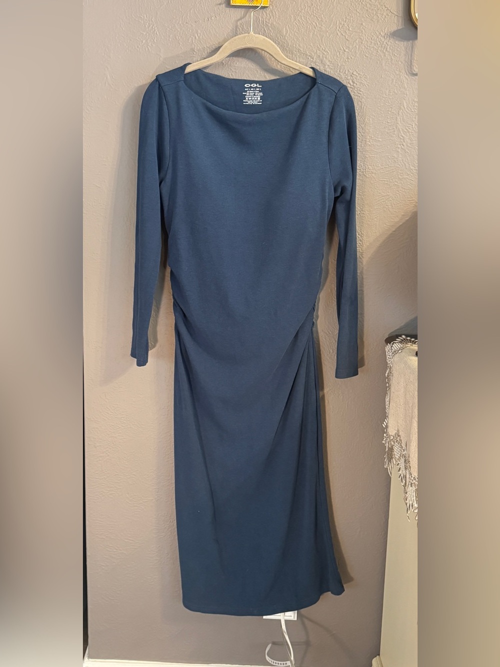 OGL Blue Ruched Midi Dress Size Large Built-In Bra Stretch Knit Long Sleeve
